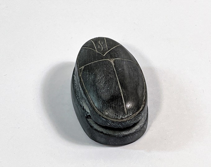 Vintage Ancient Egyptian Large Heart Scarab Amulet, Hand Carved Black Basalt Stone, Aswan - Upper Egypt. 53mm L. 34mm W. Free US Shipping.