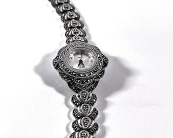 Vintage Sterling Silver & Marcasite High Grade Victorian Watch, 41 Grams, 33X28mm Case, 12mm Wide Bracelet Band, 7" Long.  Free US Shipping