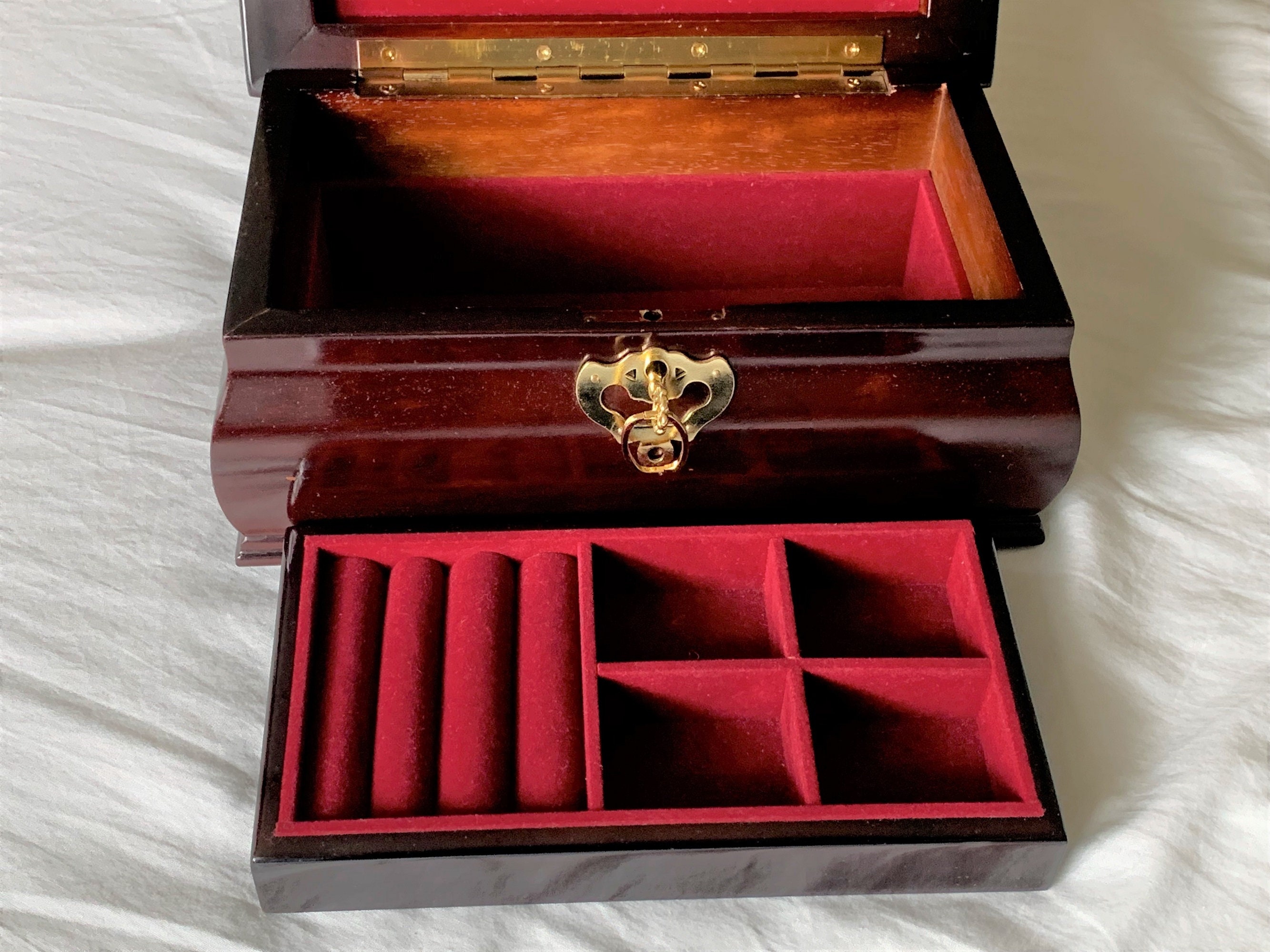 Vintage Solid Wood Fancy Jewelry Box, Key Lock, Movable Tray, Brass