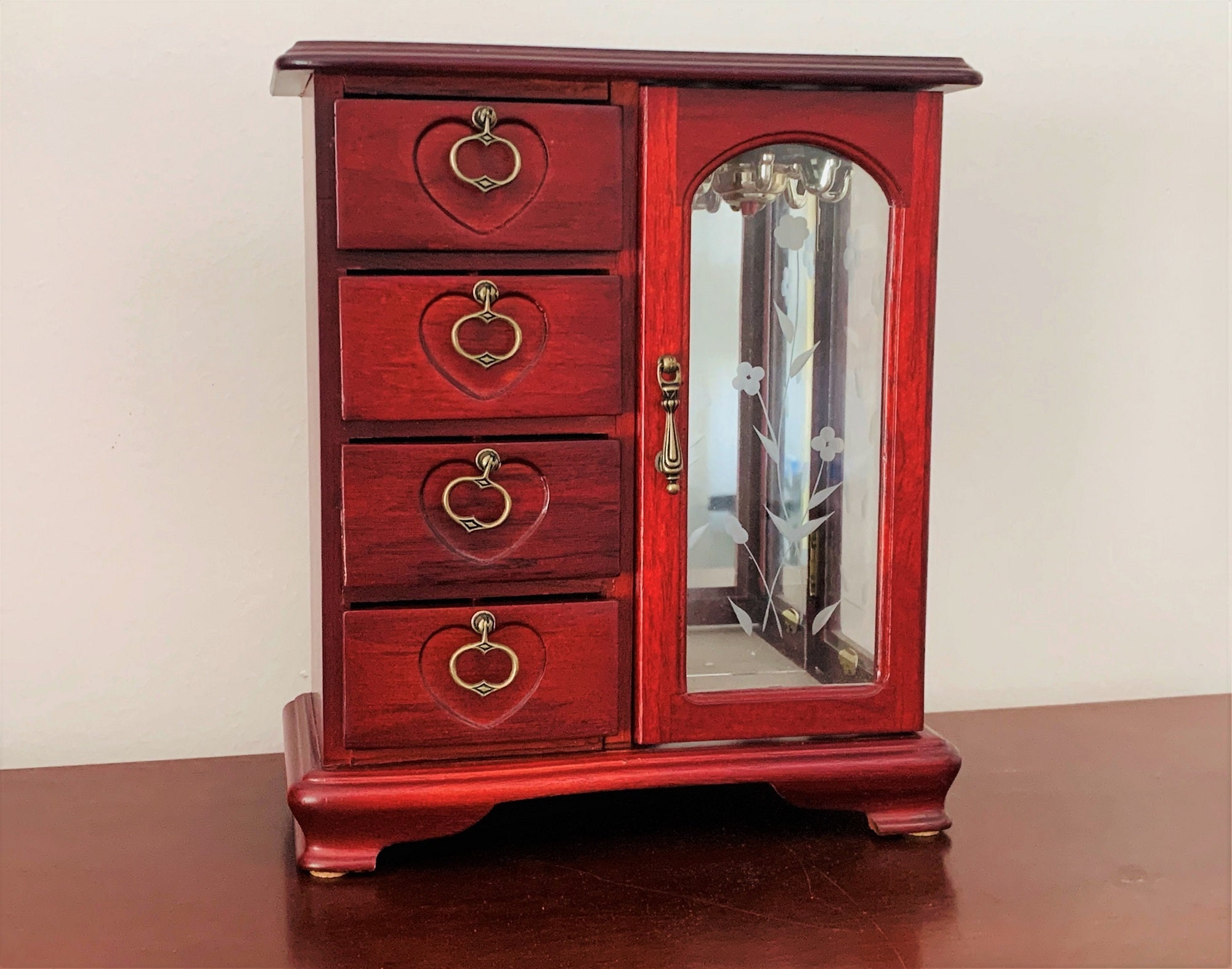 Burgundy Red Wood Jewelry Box Chest Double Glass Door, Hangers