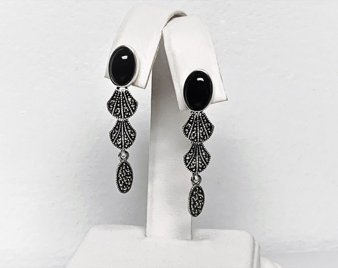 Vintage Judith Jack Sterling Silver Maecasite & Cabochon Black Onyx Dangle Earrings, 1 7/8" Long - Signed. Refinished, Free US Shipping.