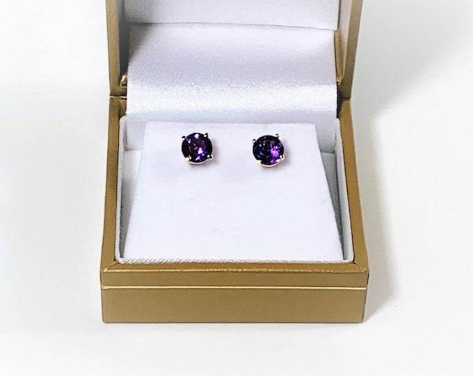 14K Yellow Gold Deep Purple Amethyst Studs, Round Brilliant Full Cut Genuine Amethyst 6.3 mm, 1.58 carat T.W. Free US Shipping.