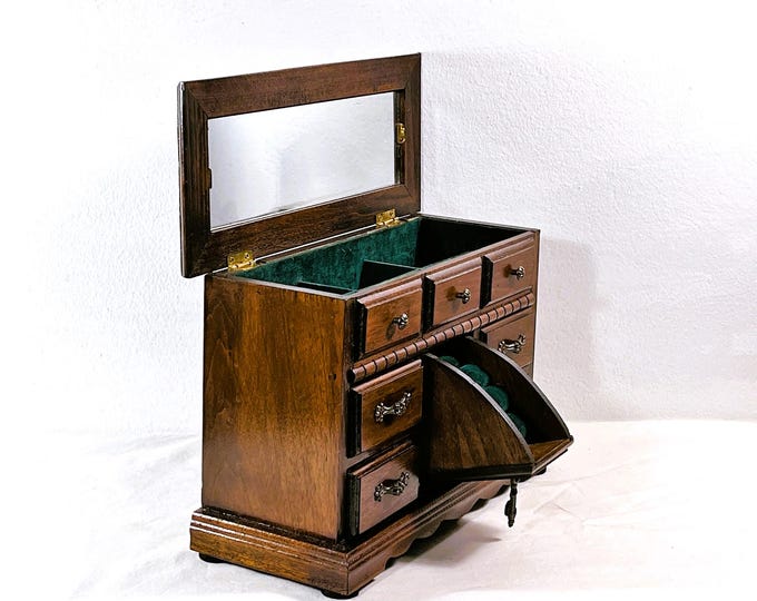 Antique 1940's Japan Carved Rosewood Jewelry Chest, Hinged Lid W/ Large Mirror, Slide Ring Drawer, 11" W. 7.5" T. 4.5" L. Free US Shipping.