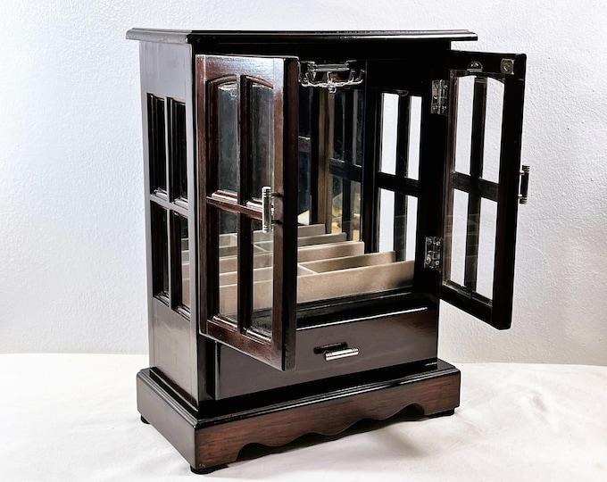 Vintage Croft & Barrow Carved Wood Jewelry Armoire, 13" T. 10" W, French Windows, 2 Hangers, Mirror, Drawer. Restored, Free US Shipping.