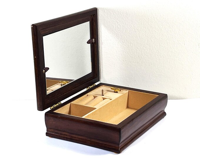 Vintage Carved Wood Musical Jewelry Box, Plays: 'Memory', Mirror, Picture Frame, Rings Section, 8" W. 6" L. Restored. Free US Shipping.