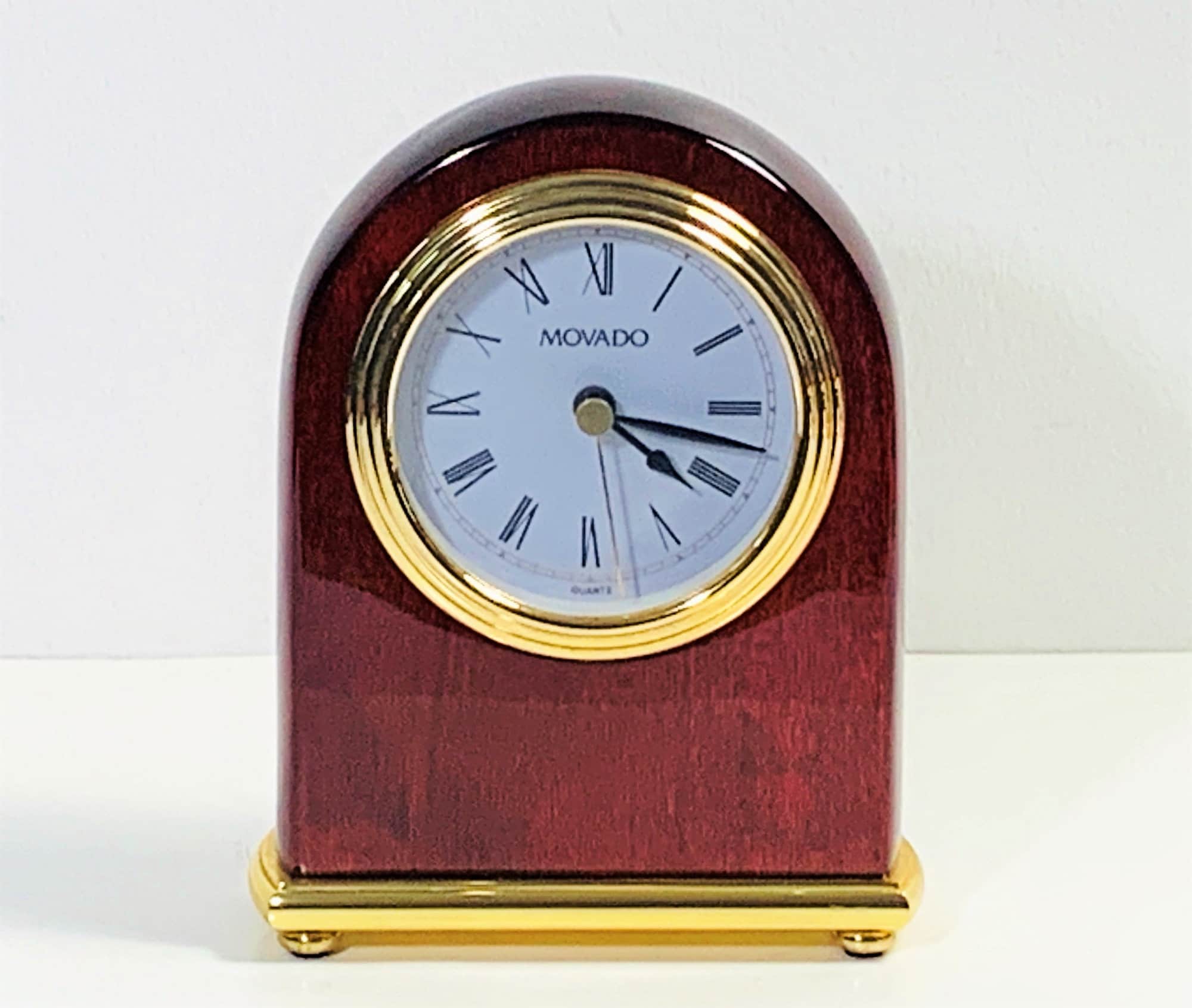 Vintage Movado Mahogany Gloss & Brass Mantel Quartz Clock, Elegant
