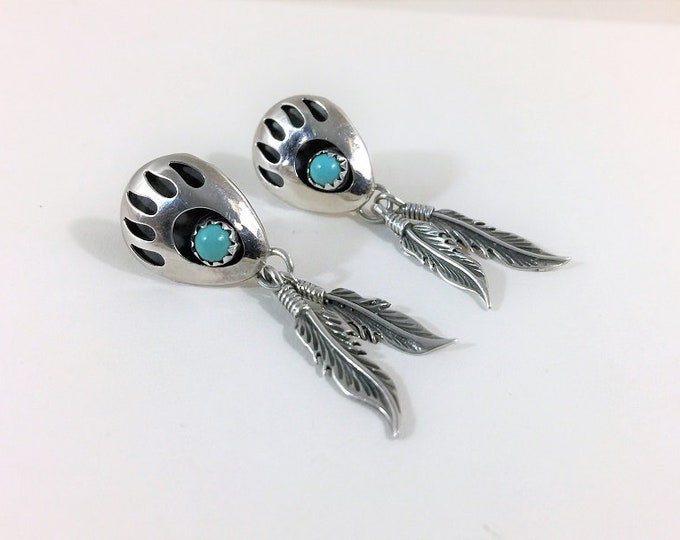 Vintage Southwestern Sterling Silver & Natural Blue Turquoise Dangle Earrings, Posts with Large Backs, 1 3/4" Long. Free US Shipping.