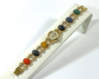 Vintage Dakota™ Egyptian Scarabs Watch,Hong Kong, 6 Carved Gemstone Scarabs 14X10mm. 18K Gold Tone, MOP Dial, Serviced,  Free US Shipping
