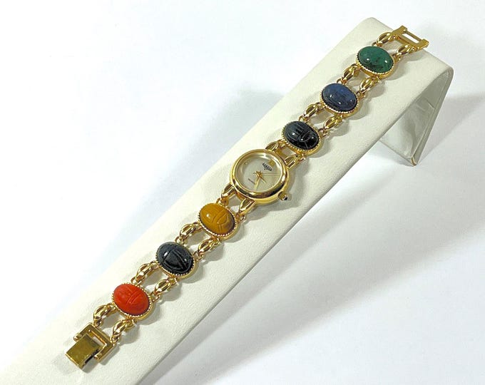 Vintage Dakota™ Egyptian Scarabs Watch,Hong Kong, 6 Carved Gemstone Scarabs 14X10mm. 18K Gold Tone, MOP Dial, Serviced,  Free US Shipping