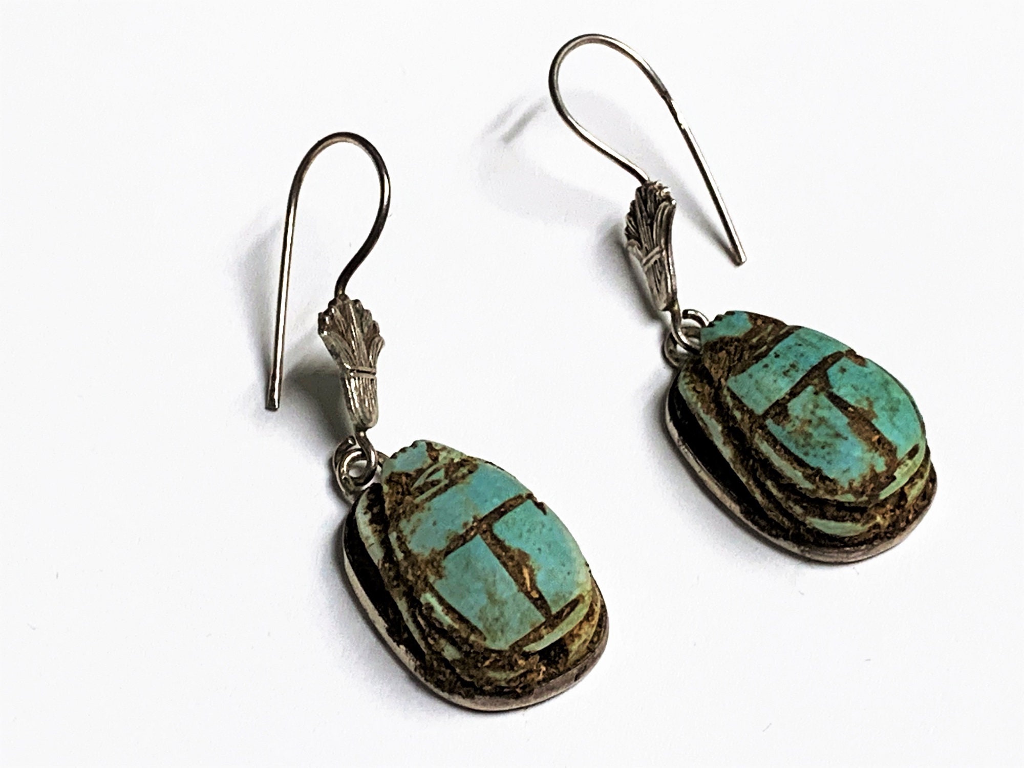 Vintage Ancient Egyptian Faience Scarabs Dangle Earrings, Hand Made