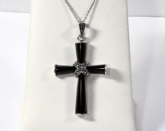 Vintage Sterling Silver Marcasite, Black Onyx Cross Necklace. 2" X 1.25" Cross. 18" Rolo Link Chain. 8 Grams, Refinished. Free US Shipping
