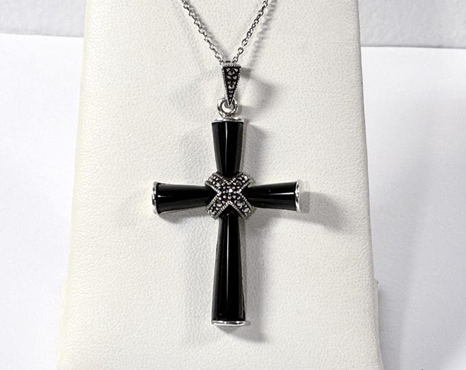 Vintage Sterling Silver Marcasite, Black Onyx Cross Necklace. 2" X 1.25" Cross. 18" Rolo Link Chain. 8 Grams, Refinished. Free US Shipping