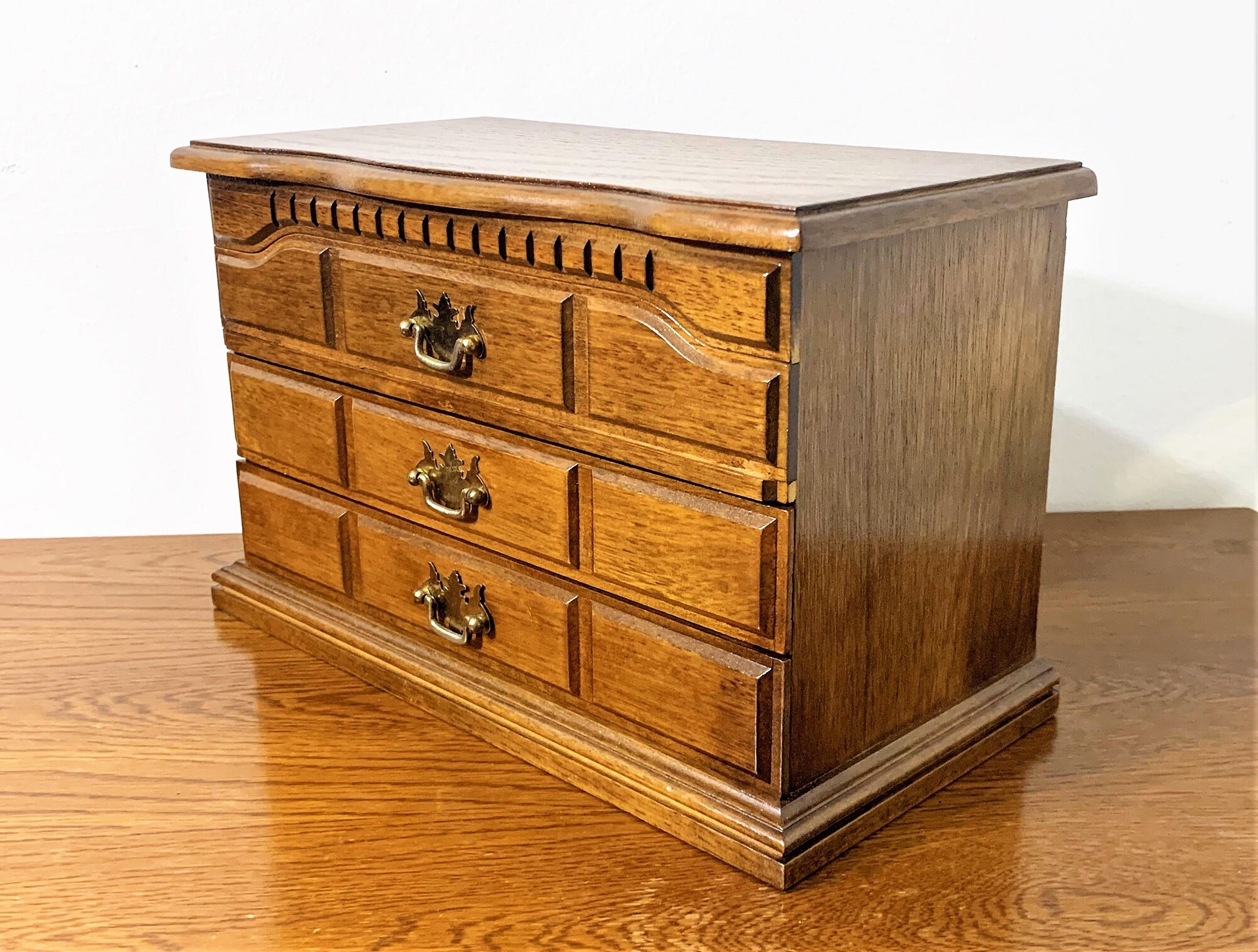 Vintage Solid Wood Jewelry Chest, Hinged Lid W/Mirror and