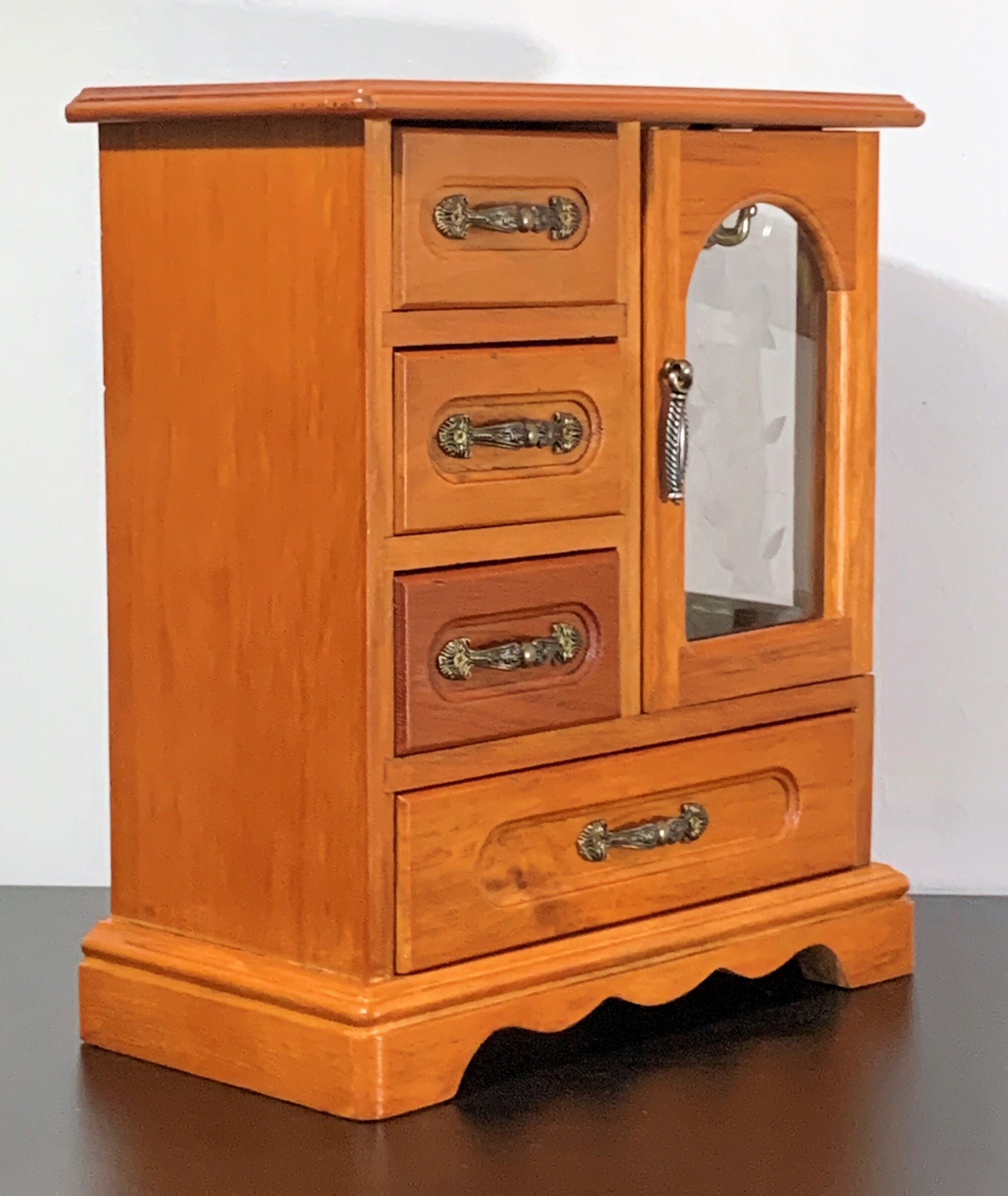 Golden Oak Wood Jewelry Box Chest Double Glass Door, Hangers