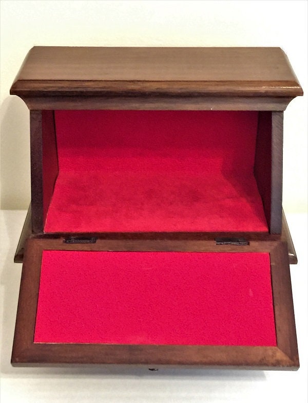 Vintage Antique Solid Wood Jewelry Case, Red Velvet Padded Top
