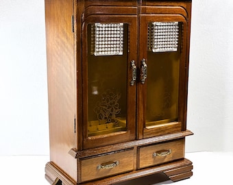 VTG Wood Jewelry Armoire, Floral Plexiglass Doors, 2 Hangers, LG Drawer, Ring & Earring sections, 15.5" T. 11" W. Restored, Free US Shipping