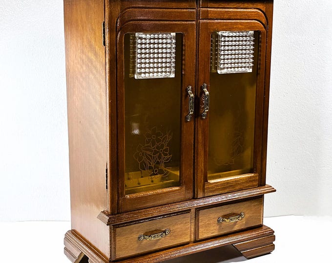 VTG Wood Jewelry Armoire, Floral Plexiglass Doors, 2 Hangers, LG Drawer, Ring & Earring sections, 15.5" T. 11" W. Restored, Free US Shipping