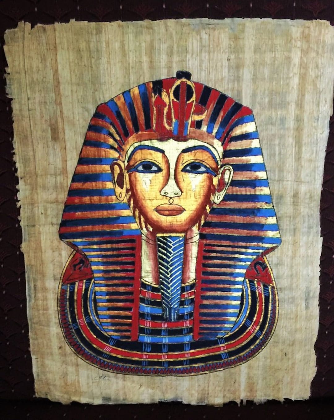 古代エジプト大型パピルス画 ツタンカーメン インテリア アンティーク パピルスに描かれたヴィンテージのツタンカーメン王の絵画