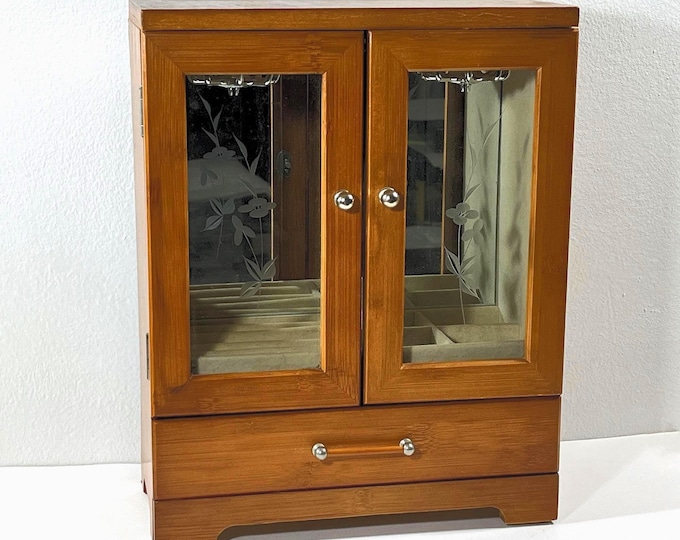 Vintage Wood Jewelry Armoire, Oak Finish, 12" T. 9.5" W, Floral Glass Doors, Mirror, 2 Hangers, Ring Section, Drawer. Free US Shipping