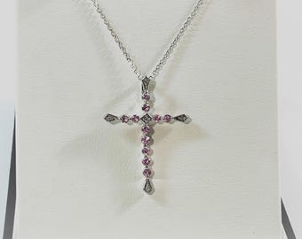 10K White Gold Pink Sapphire & Diamond Cross Necklace, 1 1/4" L. 1" W, 11 Round Sapphires, 4 Diamonds, 18" Long Chain. Free US Shipping.