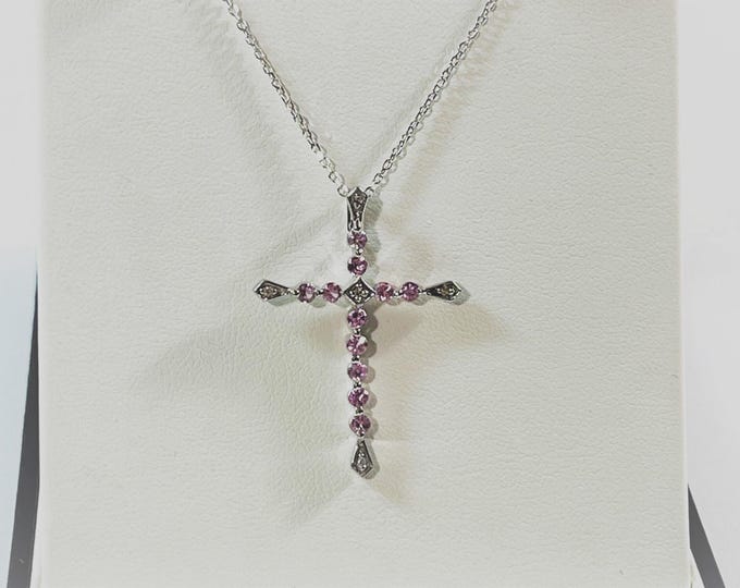 10K White Gold Pink Sapphire & Diamond Cross Necklace, 1 1/4" L. 1" W, 11 Round Sapphires, 4 Diamonds, 18" Long Chain. Free US Shipping.