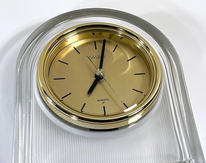 Sasaki™ Japan Large Crystal Clock, Textured 24% Lead Crystal, Large 5" Golden Dial, Precision Quartz, 7.5" T. 6.5" W. Works,Free US Shipping