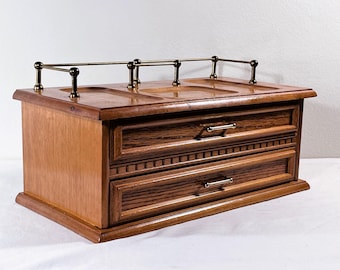 Vintage Carved Oak Wood Jewelry Desk Valet Box, Trays & Brass Top. 2 Wide Padded Divided Drawer, 12.5" W. 6.5" L. Restored. Free US Shipping