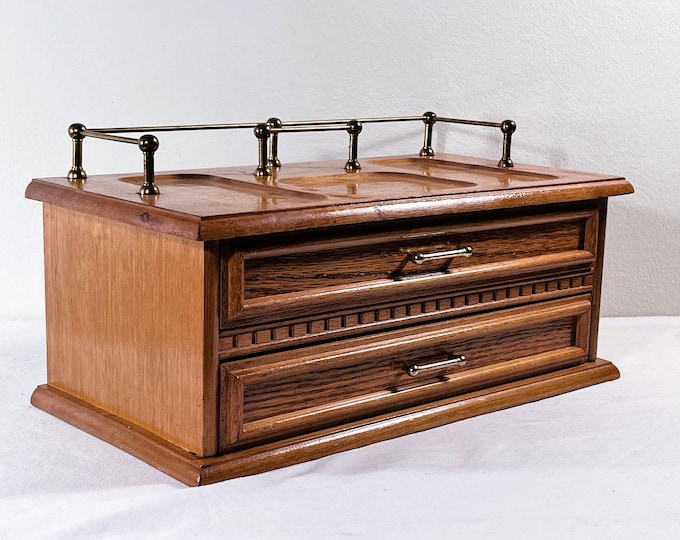 Vintage Carved Oak Wood Jewelry Desk Valet Box, Trays & Brass Top. 2 Wide Padded Divided Drawer, 12.5" W. 6.5" L. Restored. Free US Shipping
