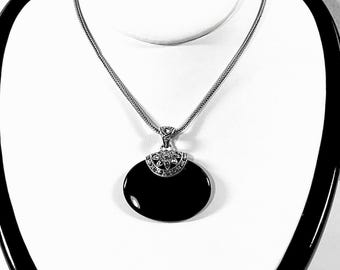 VTG Sterling Silver Large Black Onyx Gemstone & Marcasite Necklace. Signed GSJ. Onyx 40x28mm. 17" Dragon Chain, 18.70 Gram. free US Shipping