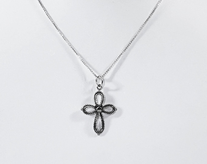 Sterling Silver Ornate Cross Pendant Necklace, 16" Box Link Chain, 1" X .75" Cross. 3.80 Grams. One Marcasite Stone. Free US Shipping.