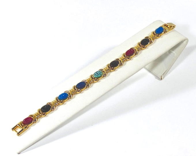 Vintage Gold Tone Egyptian Scarab Bracelet, 9 Multi Color Lucite Scarabs 9X10\\7mm, Fold Clasp, Excellent Condition. 8" L. Free US Shipping