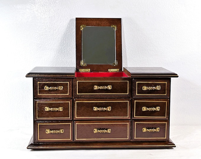 Vintage 1960's Carved Rosewood Large Musical Jewelry Chest, Tune:"Yesterday", 8 Drawers, Velvet, 14" W. 7.5" T. Restored. Free US Shipping