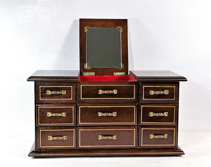 Vintage 1960's Carved Rosewood Large Musical Jewelry Armoire, Tune:"Yesterday", 8 Drawers, Velvet, 14" W. 7.5" T. Restored. Free US Shipping