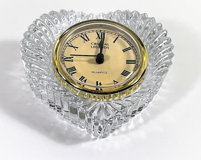 Crystal Legend by Godinger® Heart Shaped Fine Crystal Clock, Works Perfect, Serviced, 4.5" W. 4" L. 2" D. 1980's. Taiwan. Free US Shipping