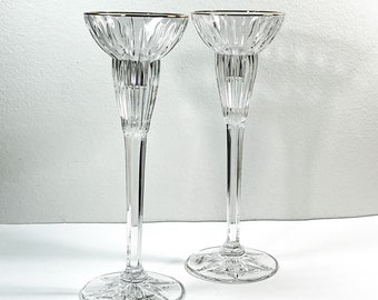 Pair of Fine Austrian Crystal Tall Candle Holders. Beautiful Hand Cut Facets, 8.5" Tall, 3.25" Base, 3" Bowl. Mint Grade Free US Shipping