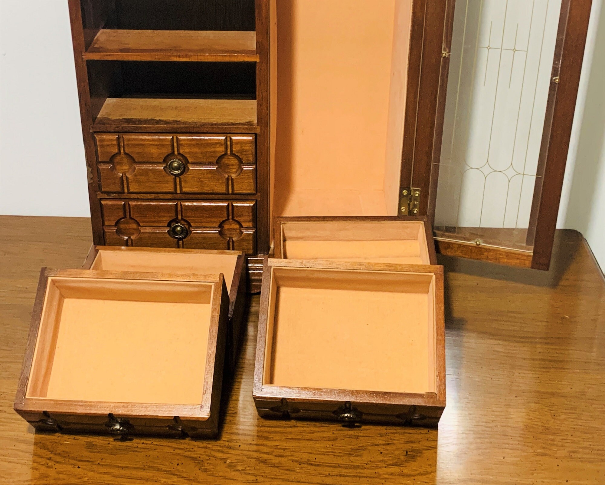 Vintage 1960's Large Carved Wood Jewelry Armoire Chest, 16 H. 11.5 W