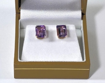 14K Solid Yellow Gold Amethyst Gemstone Studs, Large Emerald Cut 9X7mm. 4.50 Carats TW. 2.10 Grams. Free US Shipping.