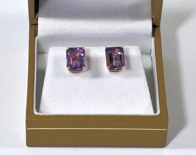 14K Solid Yellow Gold Amethyst Gemstone Studs, Large Emerald Cut 9X7mm. 4.50 Carats TW. 2.10 Grams. Free US Shipping.