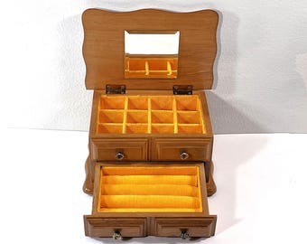 Vintage Carved Wood Jewelry Box, Hinged Top W/ Mirror, 12 Compartments & Rings Drawer, 7.5" W. 5" L. 4" H, Restored. Free US Shipping