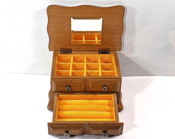 Vintage Carved Wood Jewelry Box, Hinged Top W/ Mirror, 12 Compartments & Rings Drawer, 7.5" W. 5" L. 4" H, Restored. Free US Shipping