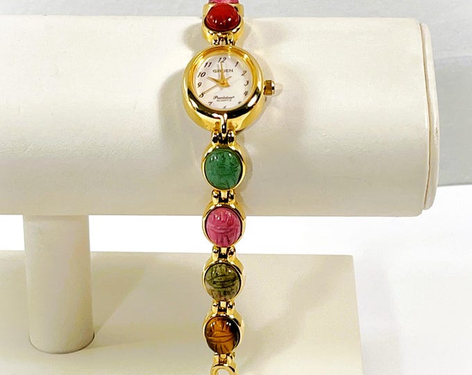 Vintage Gruen® Egyptian Scarabs Watch, Precision Quartz, 8 Carved Gemstone Scarabs 10X8mm. Gold Tone, Serviced. 7" L. Free US Shipping