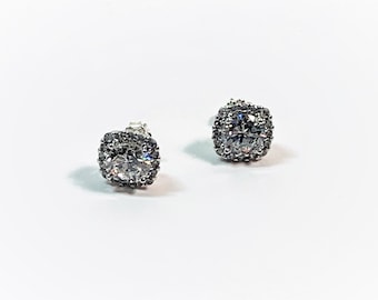 Sterling Silver Cubic Zirconia 10mm Cushion Shape Studs, Round Brilliant Cut, Gallery Setting. Secure Backs. 3.40 Grams. Free US Shipping.