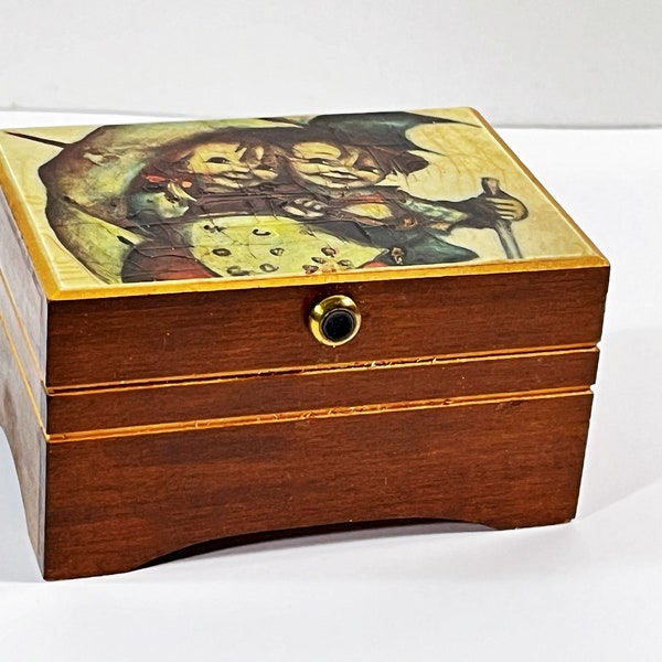 Vintage Thorens Sainte-Croix, Switzerland Music Box. "Brahms Lullaby" Carved Wood, Hummel Art on Top. 4" W. 3" L. Restored, Free US Shipping