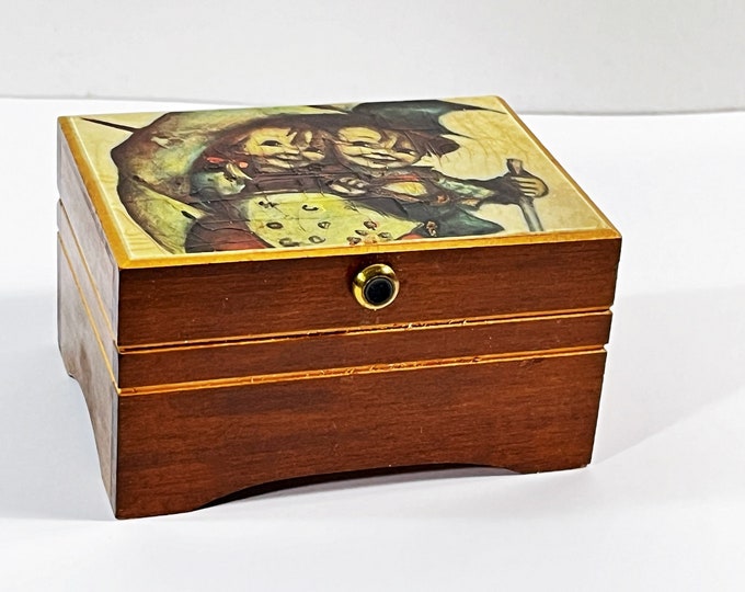 Vintage Thorens Sainte-Croix, Switzerland Music Box. "Brahms Lullaby" Carved Wood, Hummel Art on Top. 4" W. 3" L. Restored, Free US Shipping