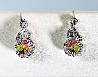 Sterling Silver .925 Drop Earrings, Multi Color Quartz, 1" Drop, Full Cut Clear CZ, Screw Back Posts (Pierced Ears), Free US Shipping.