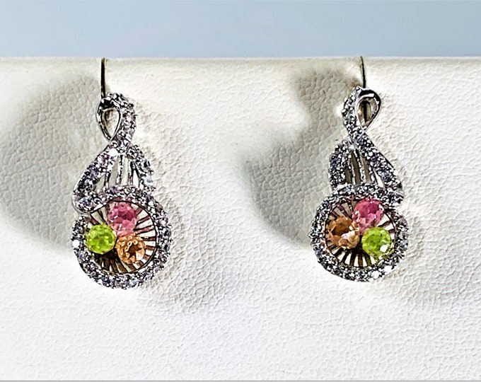 Sterling Silver .925 Drop Earrings, Multi Color Quartz, 1" Drop, Full Cut Clear CZ, Screw Back Posts (Pierced Ears), Free US Shipping.