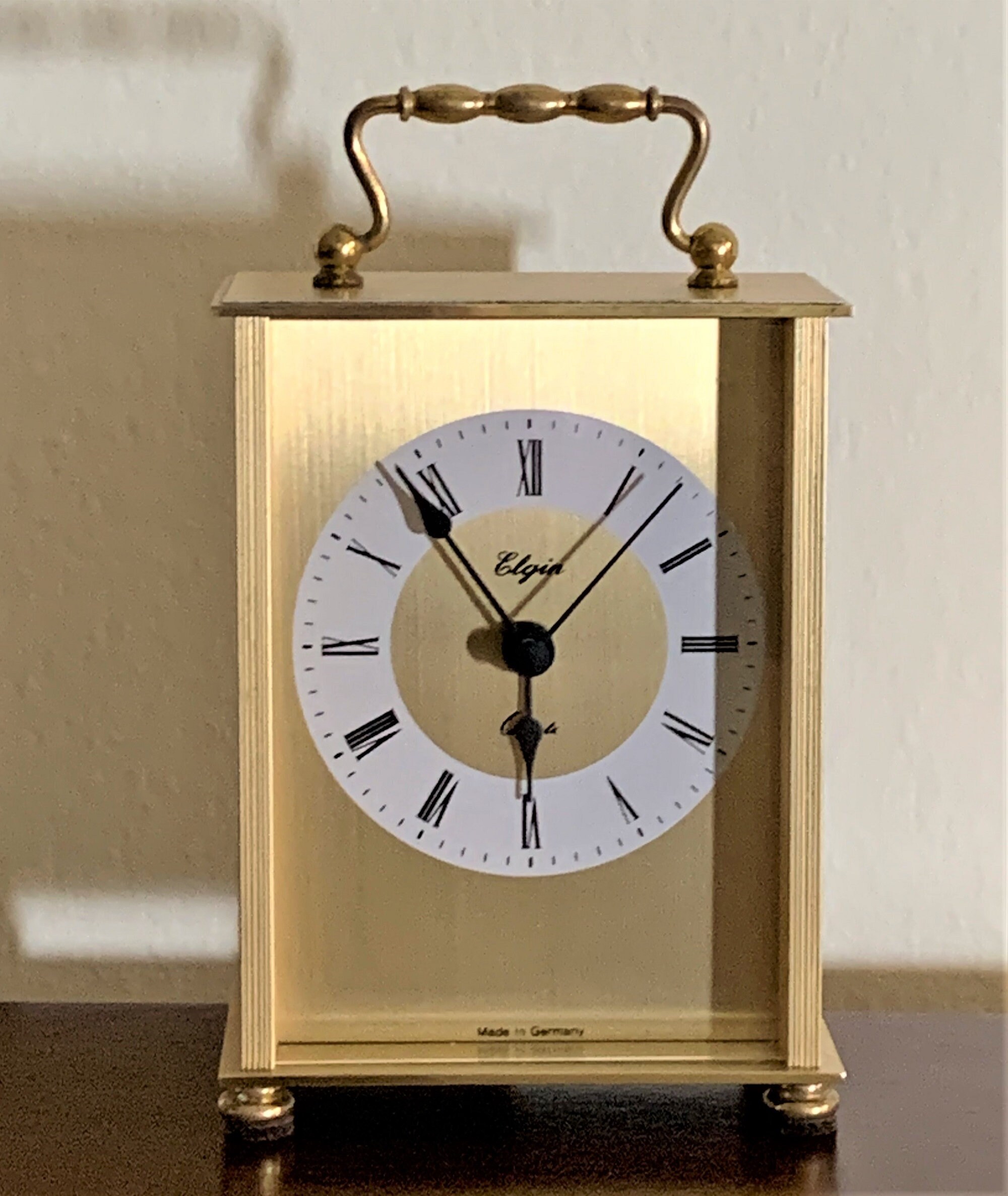 Elgin Germany Brass Carriage Mantle Clock, Brushed and High Polished