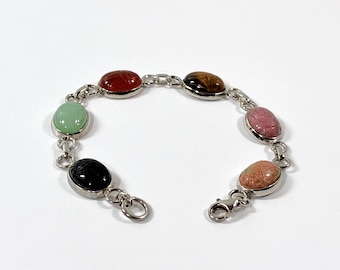 Vintage Sterling Silver Egyptian Scarab Bracelet. 6 Carved Gemstones Scarabs 14X10mm, 15.50 Grams, 7.5" L. Lobster Clasp, Free US Shipping.