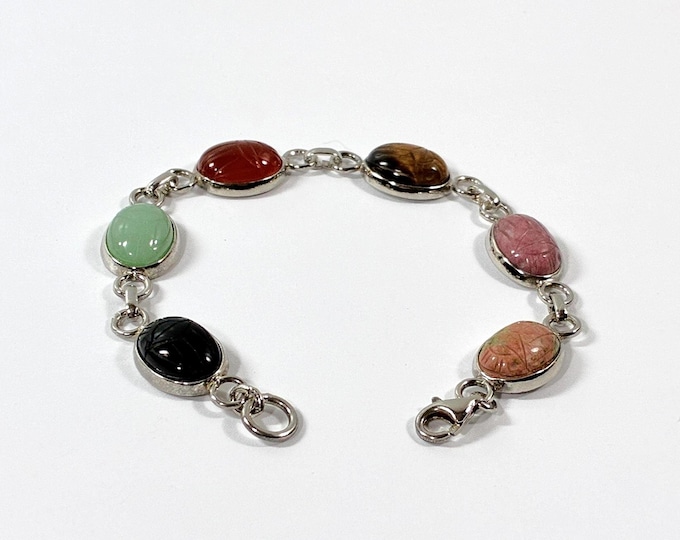 Vintage Sterling Silver Egyptian Scarab Bracelet. 6 Carved Gemstones Scarabs 14X10mm, 15.50 Grams, 7.5" L. Lobster Clasp, Free US Shipping.