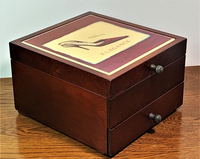 Vintage Designer Wood Jewelry Box, Signed Art Plaque on Top, Hangers, Pouch, Ring Tray, Large Drawer. 7 1/2" W, 8" D. 5" H, Free US Shipping